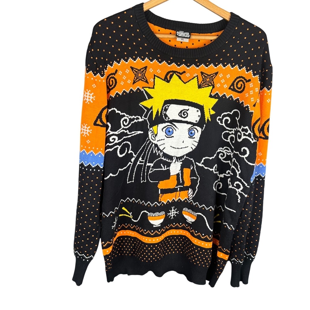 Naruto Shippuden BoxLunch Ugly Christmas Sweater Mens XL Orange Black Anime Knit